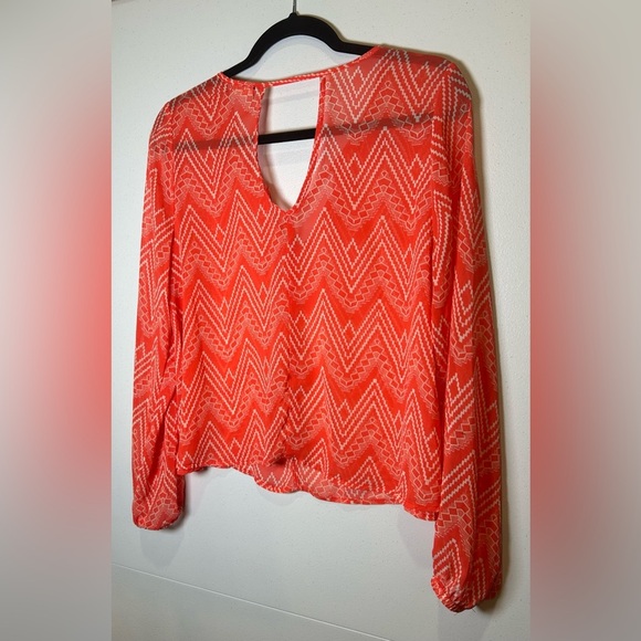 Eyeshadow Orange and White Geometric  Print Sheer Blouse. Whimsigoth. Chevron. - Picture 2 of 7